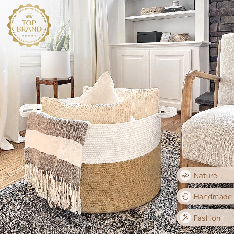 INDRESSME XXXLarge Jute Rope Basket 21.7" x 21.7" x 13.8" Woven Baby Laundry Baskets for Blankets Toys Storage Basket with Handle Comforter Cushions Storage Bins Thread Laundry Hamper - Image 5